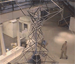 a skeleton tower moved by hydraulic muscles