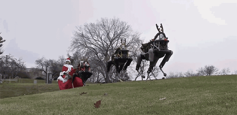 Boston Dynamics quadrupedal robots pull Santa's sleigh