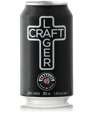 A can of beer that says Craft Lager in the style of the east van sign