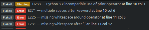 Some errors and warnings generated by flake 8 in Atom