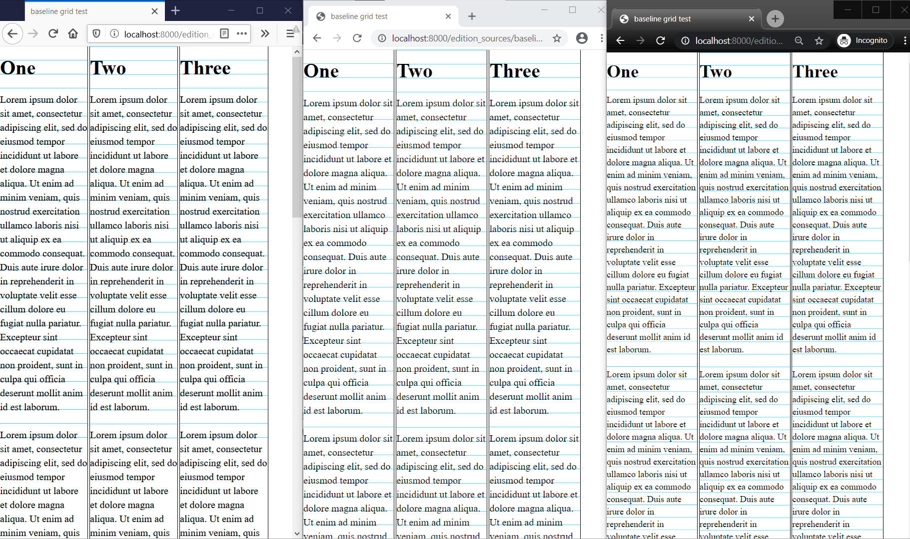 three browsers next to each other showing their different rendering of the same content.